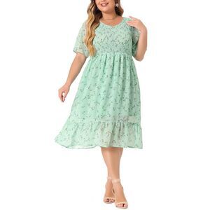 Plus Size Elegant Floral Midi Flare Dresses Light Green
